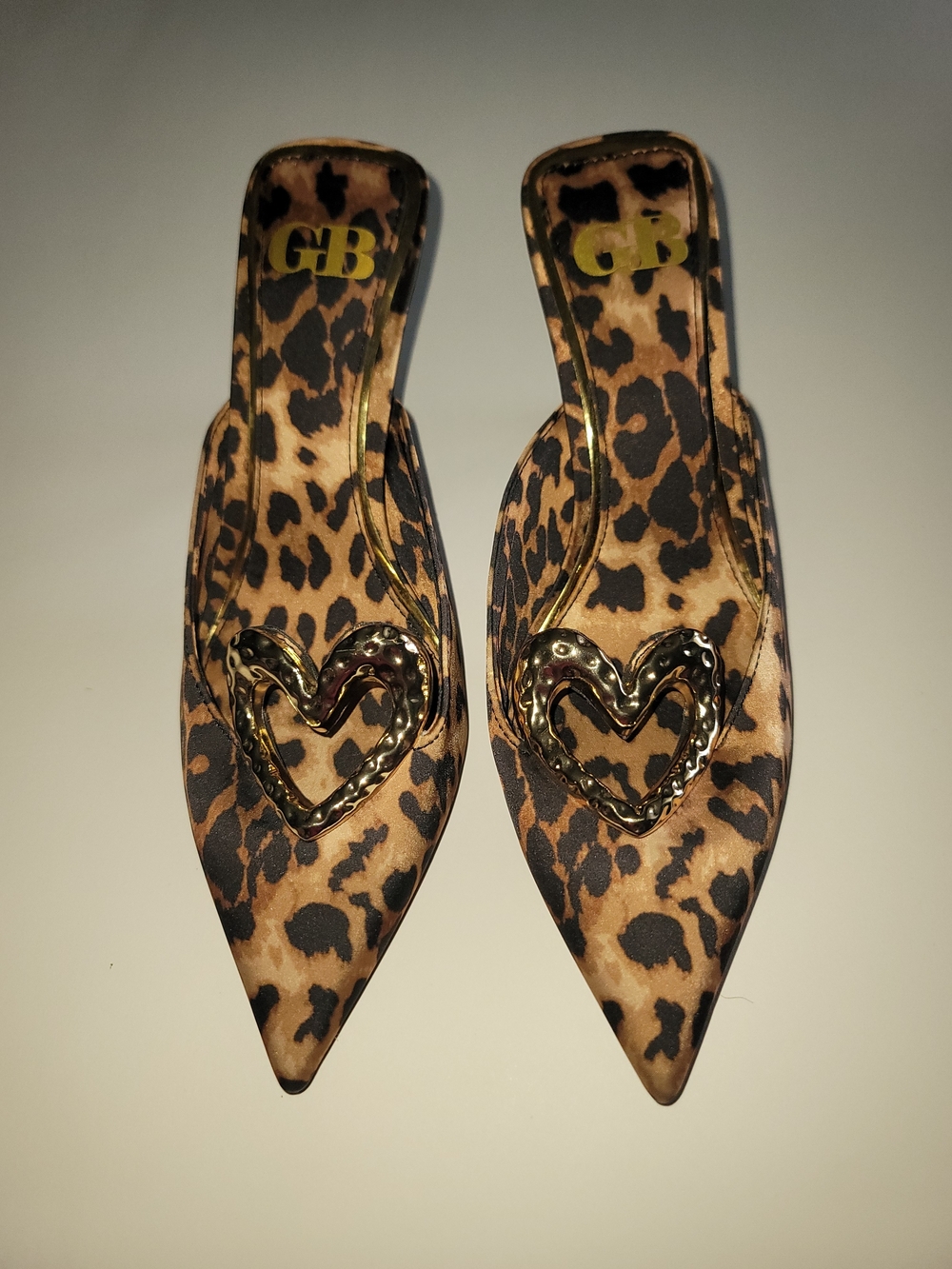 Gianni Bini Leopard Print Pointed Toe Mules with Gold Heart Accent